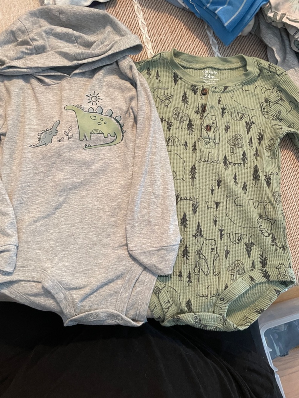 Gray Hooded Dinosaur Bodysuit & Green Woodland Print Bodysuit & Red Striped